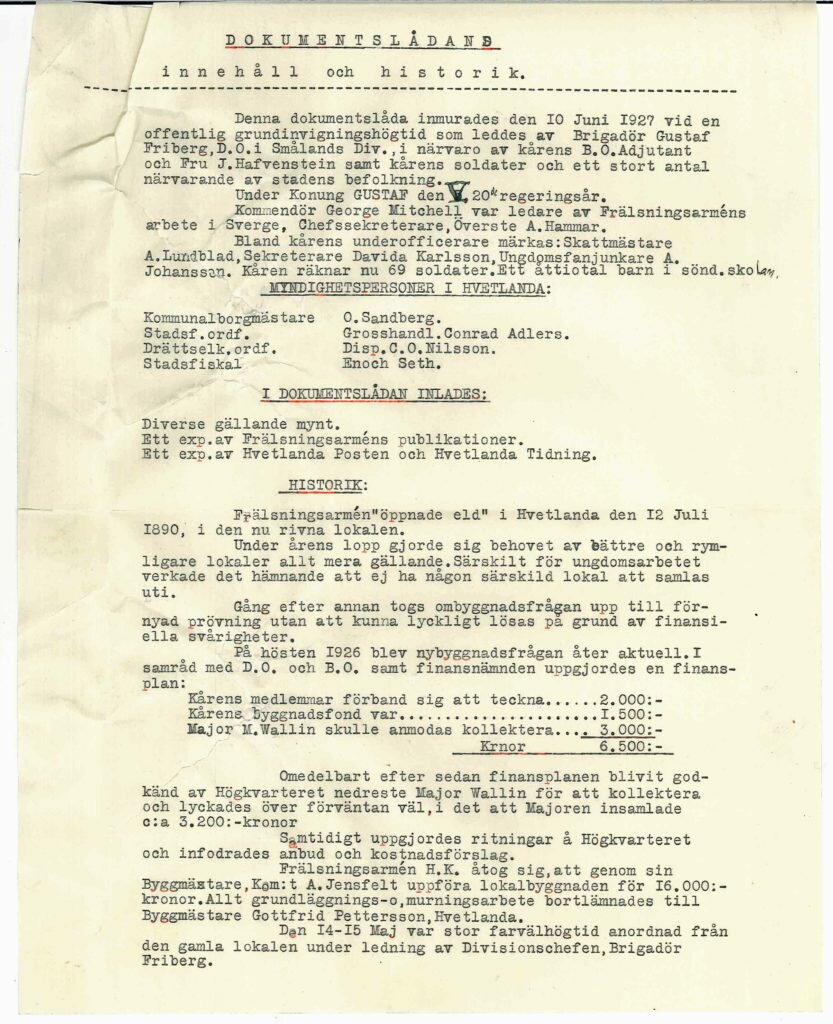 Dokument med beskrivning av omständigheter kring inmurande av dokumentlåda och dess innehåll från 10 juni 1927.
