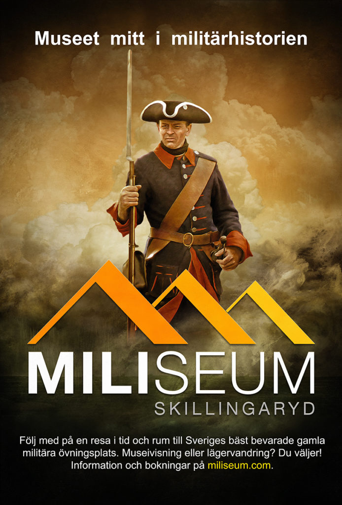 Affisch med texten "Miliseum Skillingaryd". På affischen en målad soldat med blå uniform, trekantig hatt och gevär.