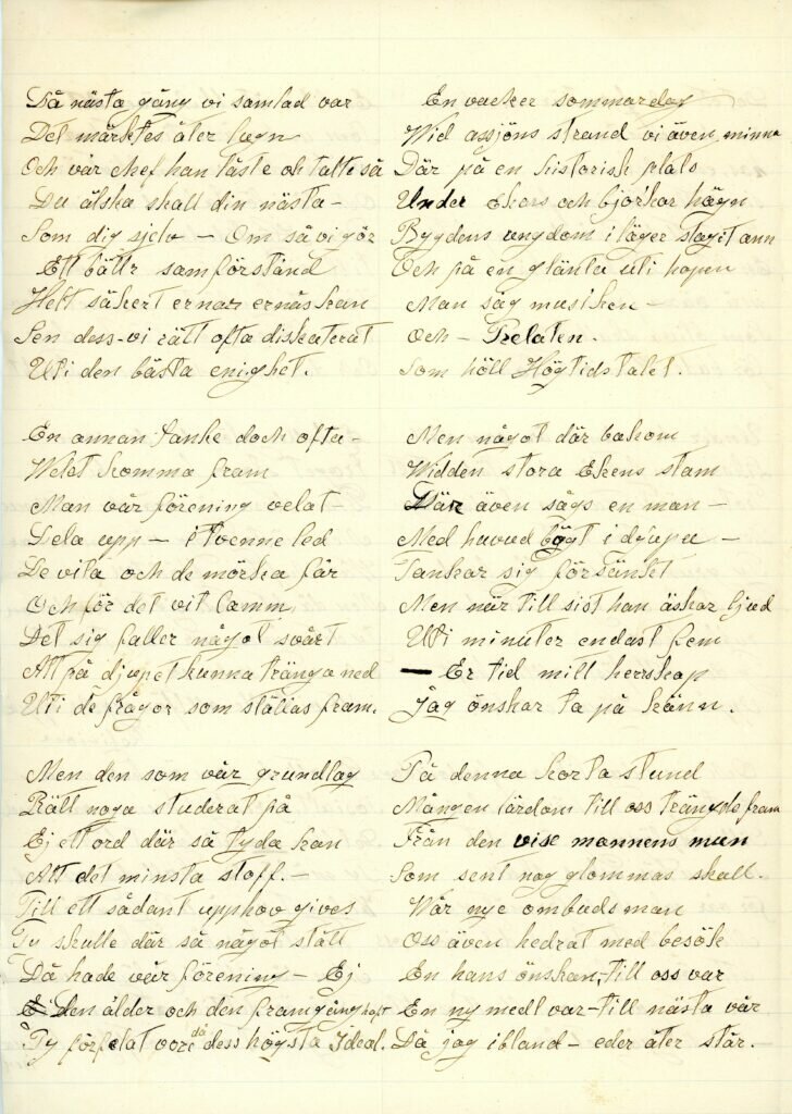 Ett gulnat dokument med handskrift. Texten är uppdelad i sex stycken.