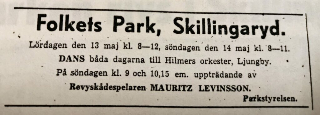 Liten tidningsannons för dans i Folket Park, Skillingaryd.